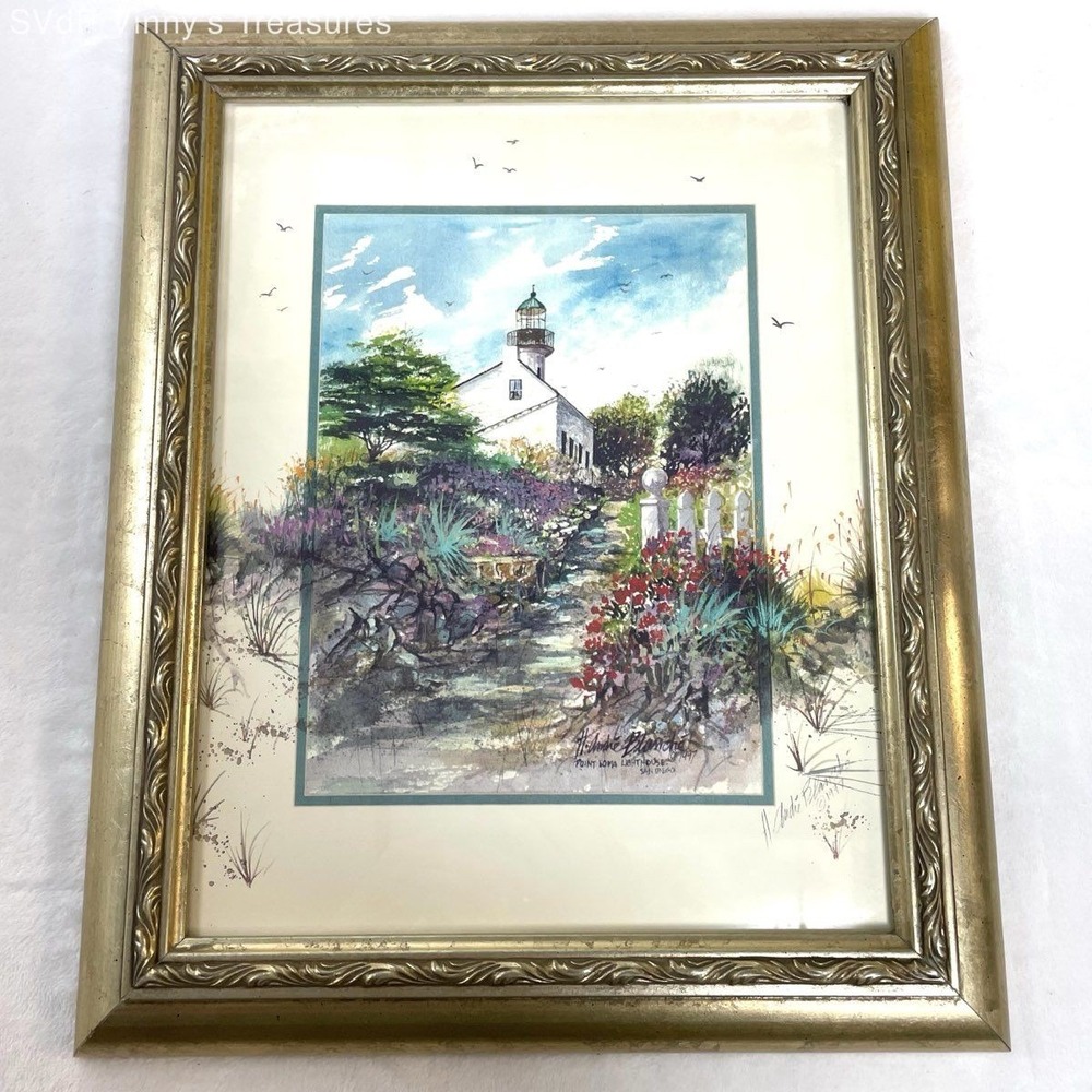 H. Andie Blanche 1997 Lighthouse Garden Framed Print Large VTG Distressed Pewter